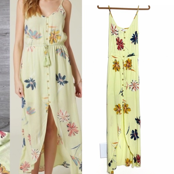 O'Neill Dress Beach Dress Textured Crepe Yellow Floral Straps Drawstring Waist - Picture 1 of 13